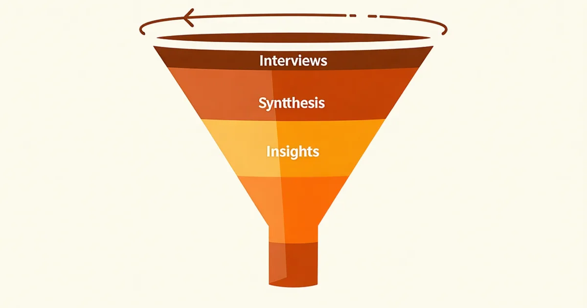 A research operations funnel diagram showing interviews as input and synthesis as the bottleneck step