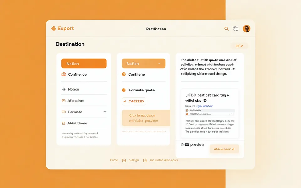 GetWhys export modal showing options to export to Notion, Confluence, or CSV with preview of quote card format