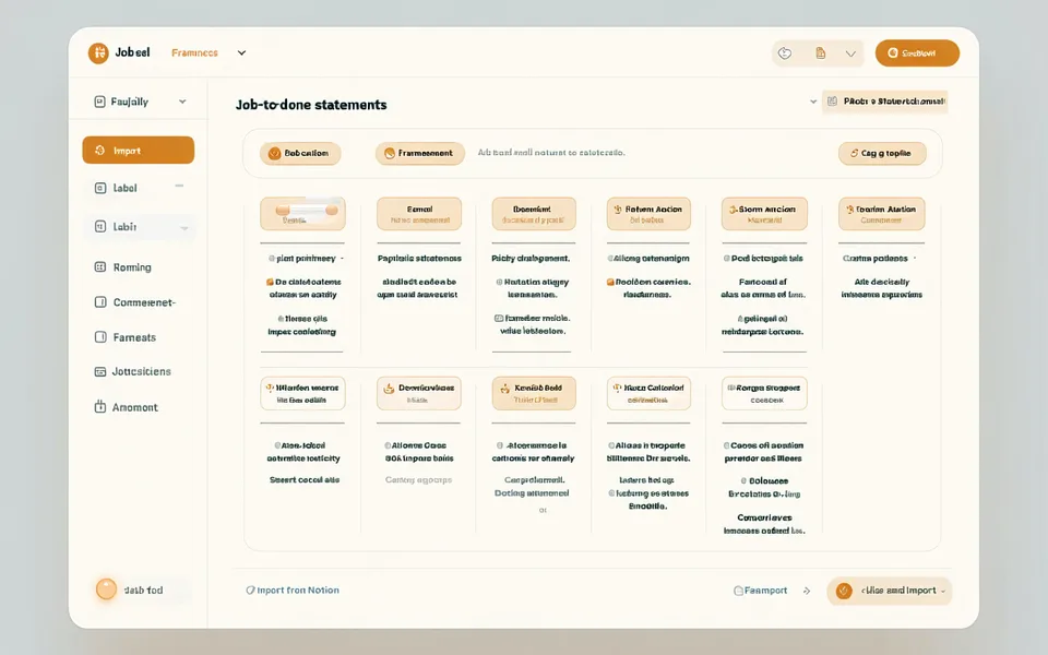 GetWhys JTBD framework import panel showing a list of job-to-be-done statements being imported from a spreadsheet