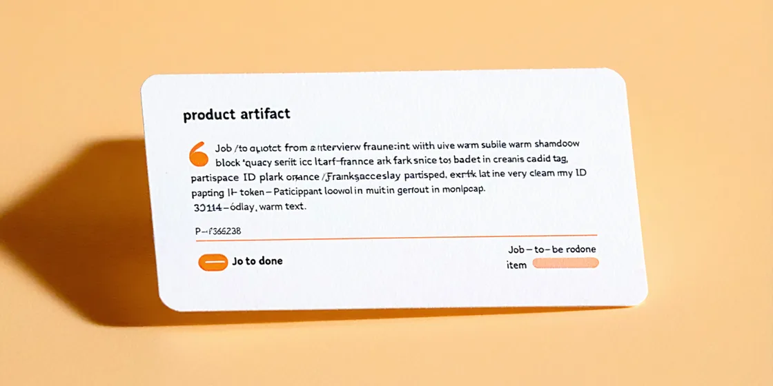 A GetWhys quote card artifact showing an anonymized participant quote, JTBD job tag, confidence badge, and timestamp attribution — ready to paste into a roadmap review doc