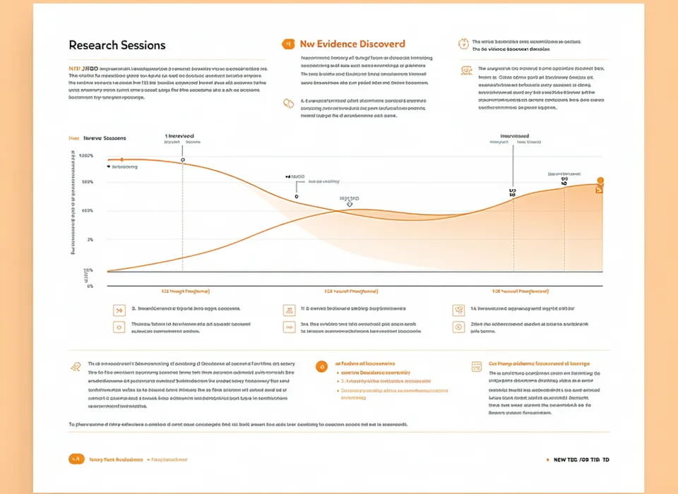 A printed saturation report page from GetWhys showing new JTBD evidence per interview session as a curve that flattens after session 8