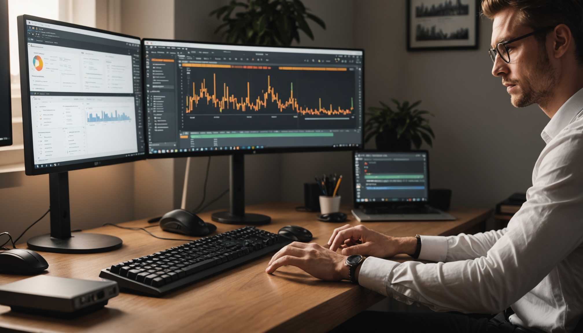 UX analyst typing with dual monitors showing research synthesis