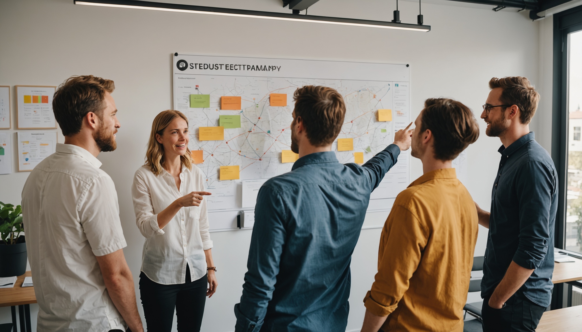 Product team in a daily standup reviewing a user journey map
