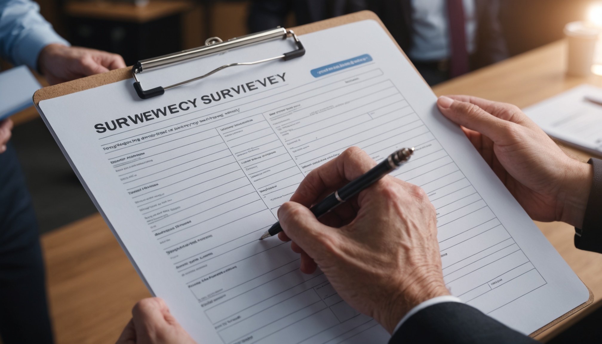 Hand holding a clipboard with a multi-page survey form
