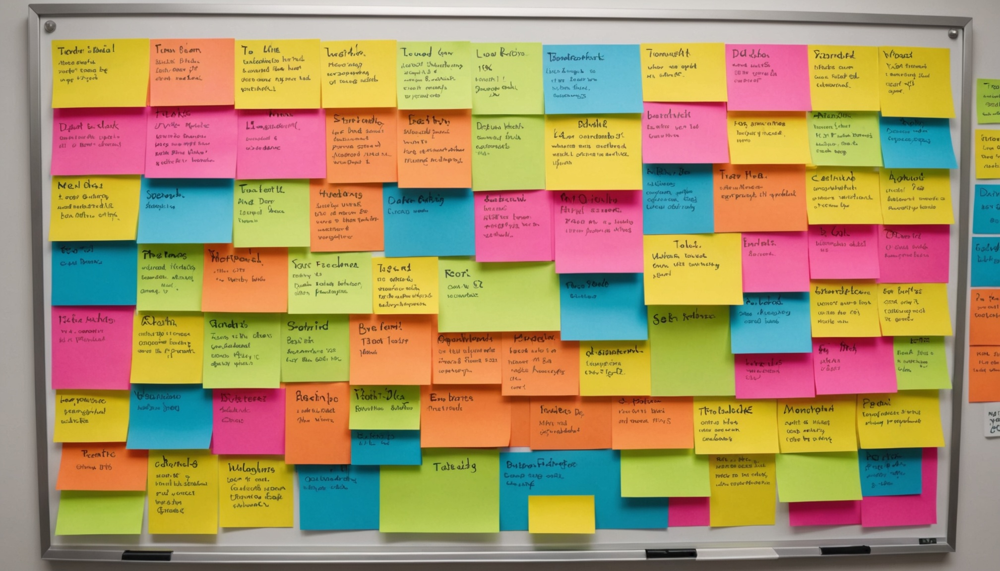 Overhead view of color-coded sticky note clusters on a whiteboard