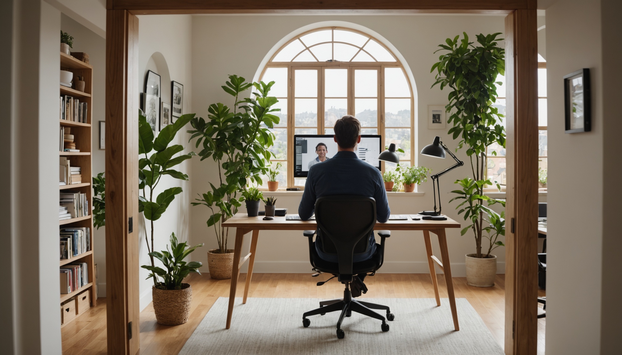Person at a standing desk participating in a remote user interview video call