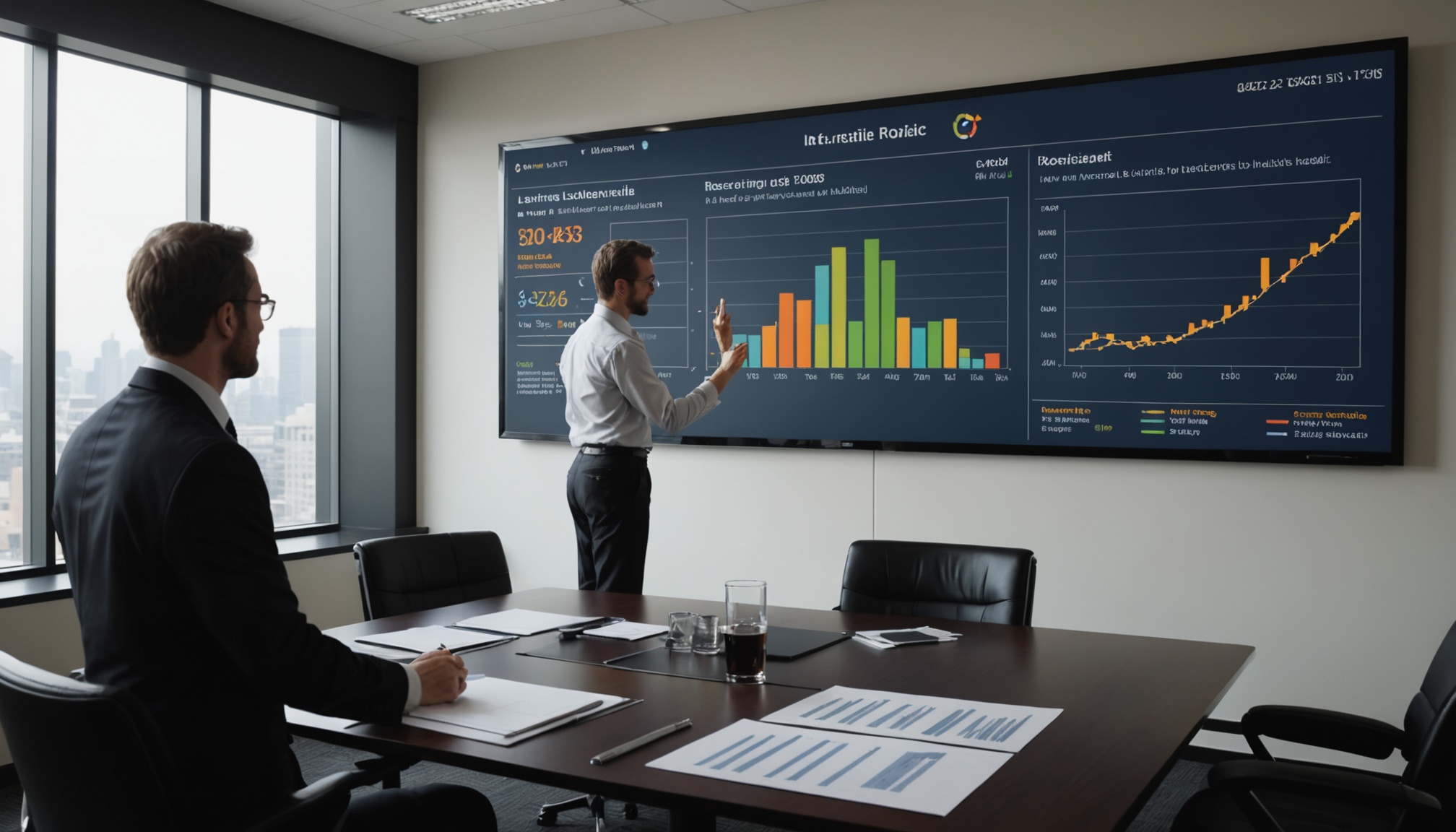 Business analyst presenting research impact metrics in a boardroom