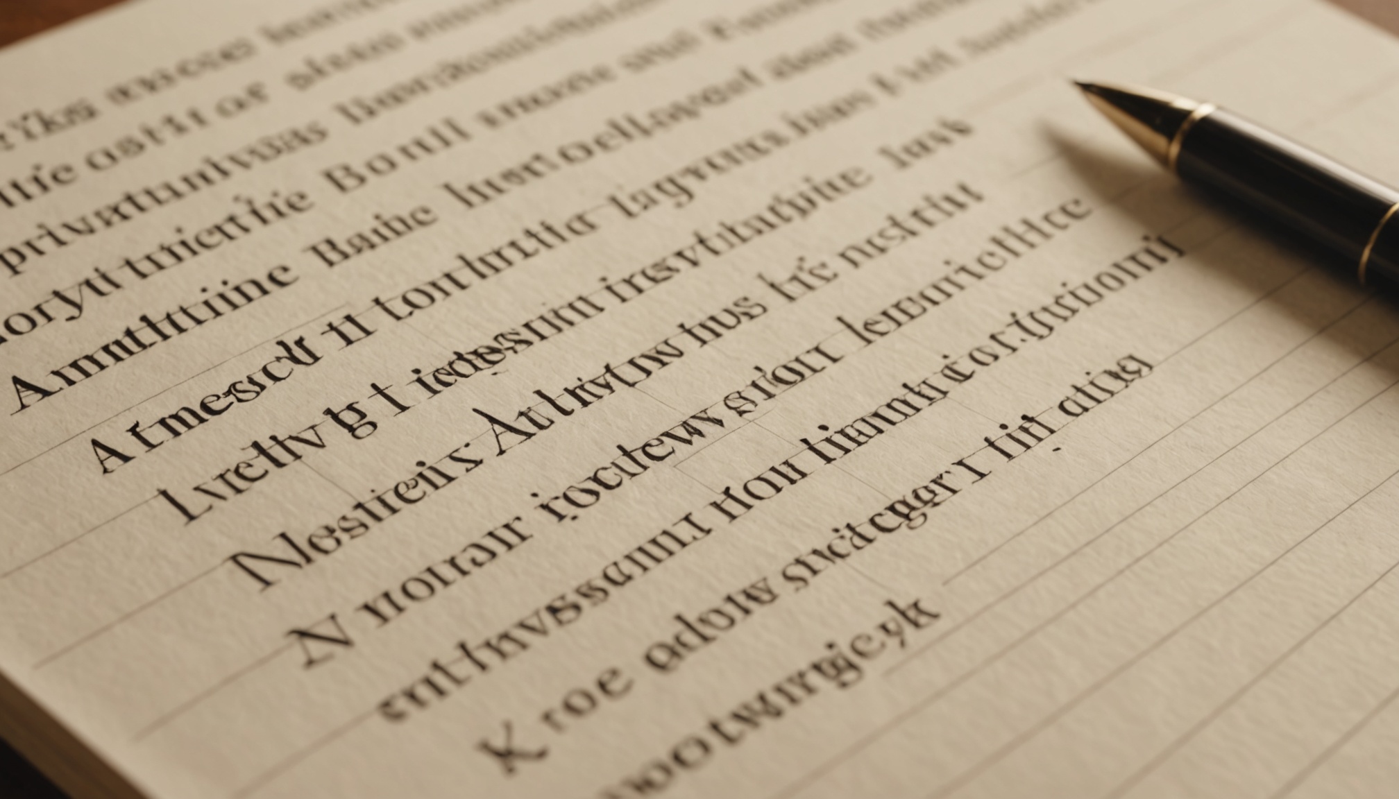 Close-up of handwritten interview notes on lined paper with a pen